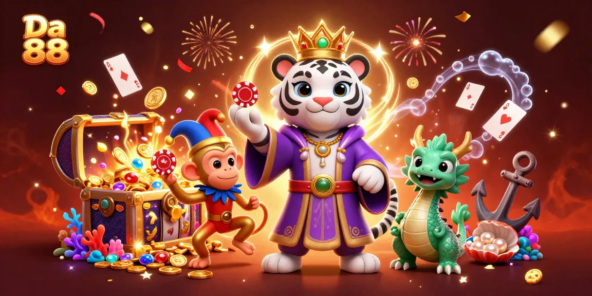 Experience the thrill of winning at Da 88 with vibrant characters surrounded by jackpots and lively casino elements.
