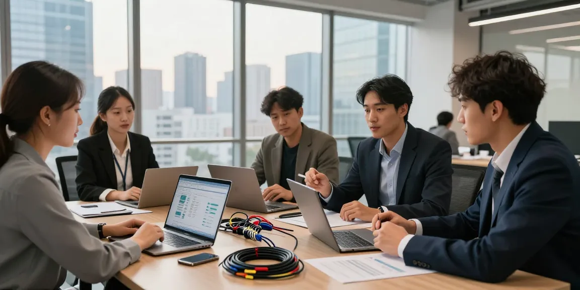 Team discussing optical cables and network solutions in a modern office setting.