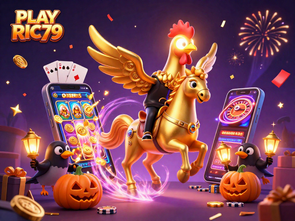 Engage with PLAY RIC79 in a vibrant casino scene featuring a golden rooster and magical game elements.