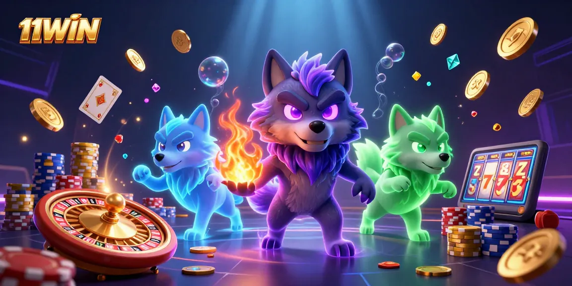 Engage with thrilling 11WIN casino visuals featuring wolf characters and dynamic gaming elements.