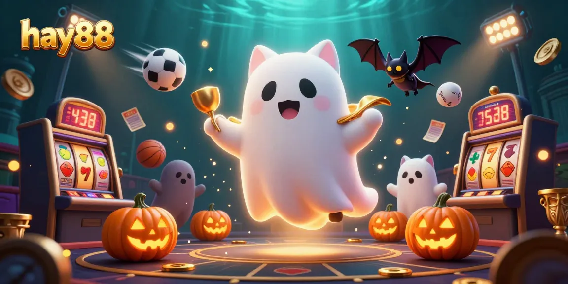 Experience the thrilling atmosphere of hay88 casino with a ghost cat and vampire bat amidst dynamic slot action.