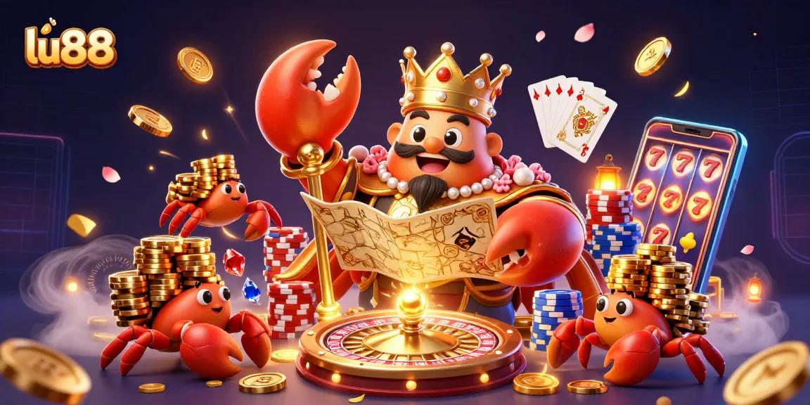 Experience the vibrant world of lu88 with a golden crab emperor ruler and dynamic casino elements.