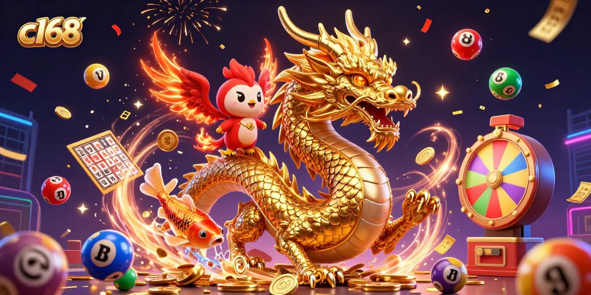 Engage with c168's thrilling gaming scene showcasing a dragon, phoenix, and koi fish amid vibrant lottery elements.