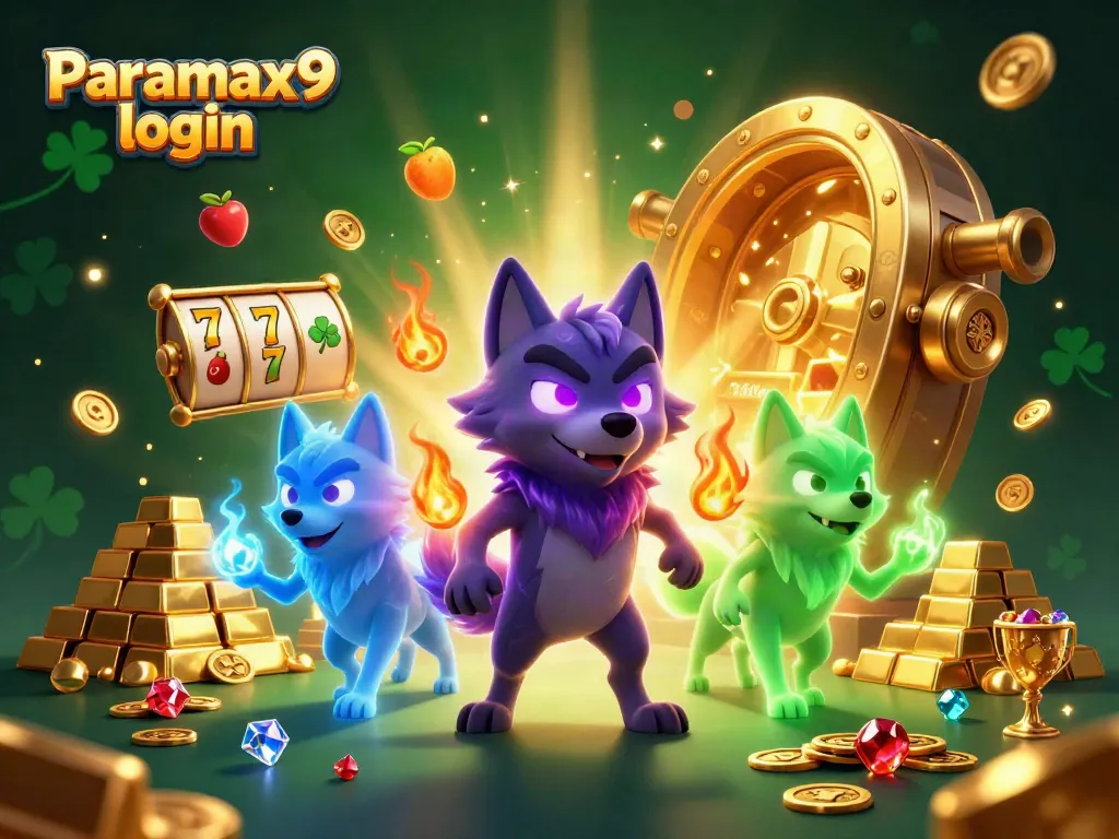 Experience the thrill of the Paramax9 login with vibrant 3D cartoon wolves, symbols, and treasures.