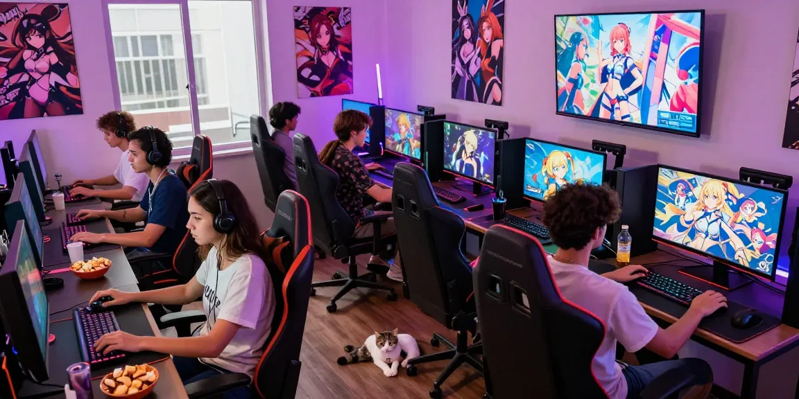 Friends enjoying engaging hentai games together in a vibrant gaming lounge atmosphere.