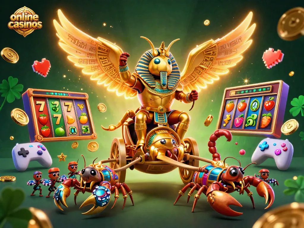 Engage with online casinos featuring a vibrant scene of a golden beetle and scorpions amidst slot game elements.