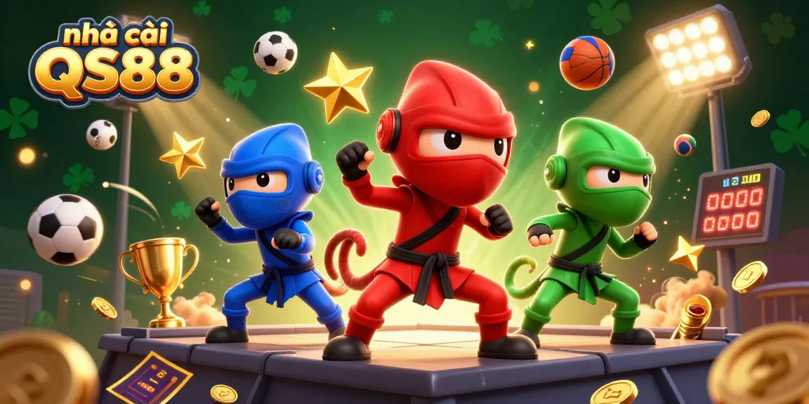 Experience thrilling gameplay at nhà cái QS88 with dynamic ninja chameleons engaging in acrobatic moves over vibrant sports elements.