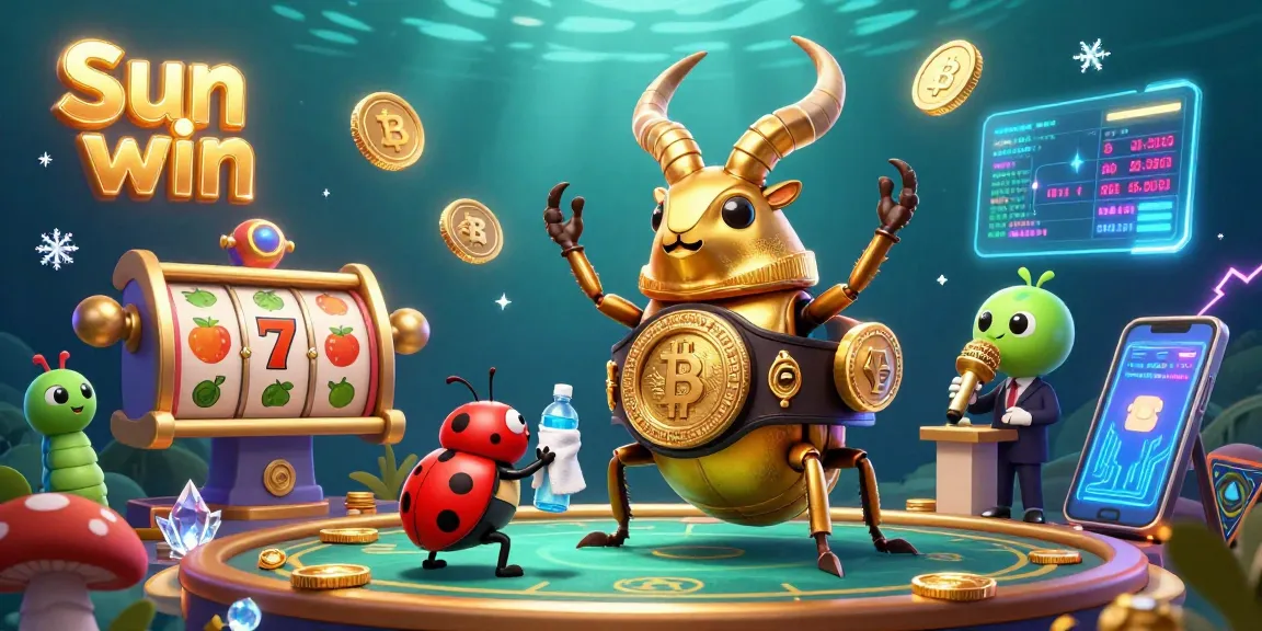 Engage with the Sun win scene featuring a golden stag beetle in a boxing atmosphere with crypto elements.