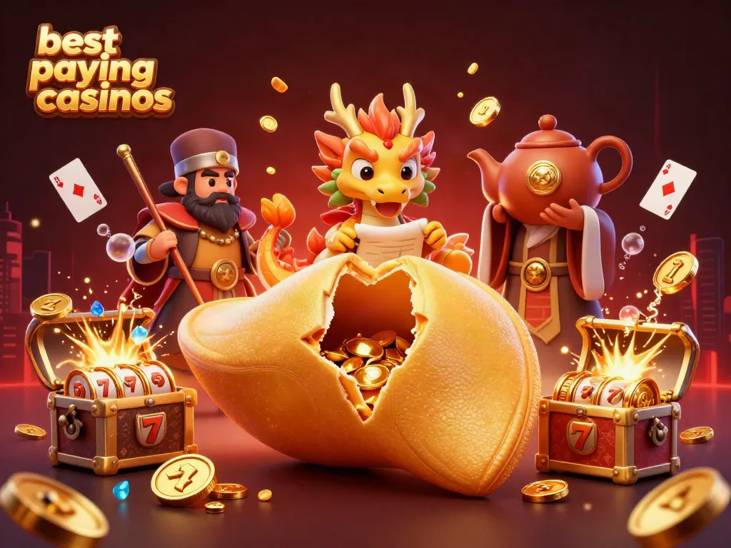 Engage with the best paying online casinos in this vibrant illustration featuring a golden fortune cookie, wise dragon, and dynamic casino elements.