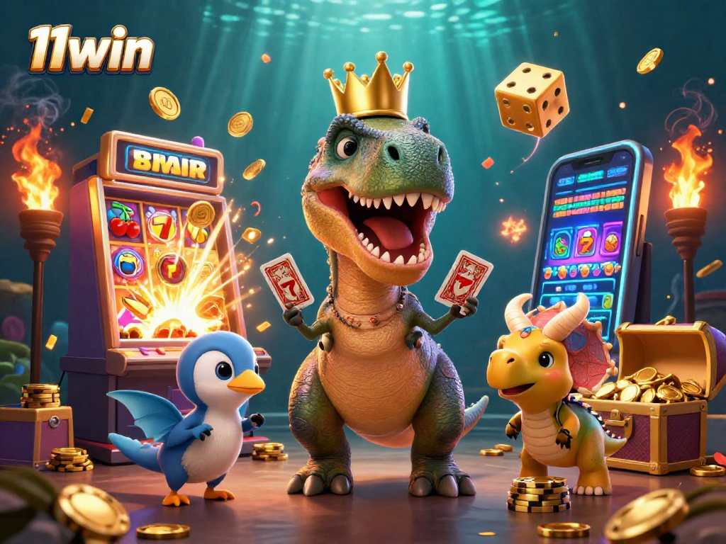 Experience jackpot excitement at 11win with vibrant slots and animated characters exploring the casino.