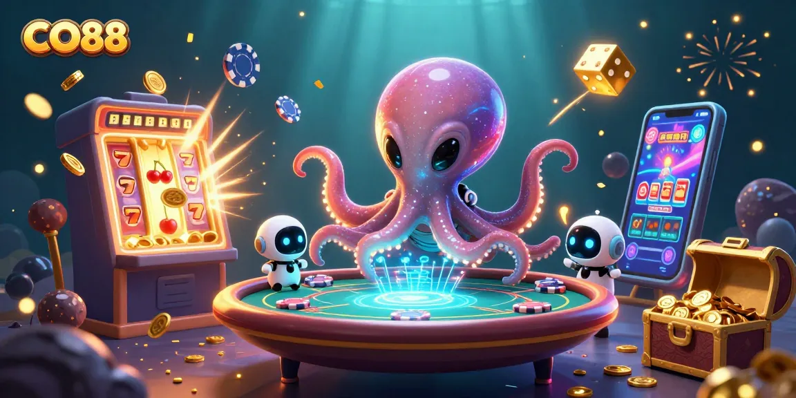Engage with CO88's vibrant gambling scene featuring an alien octopus and dynamic casino elements.
