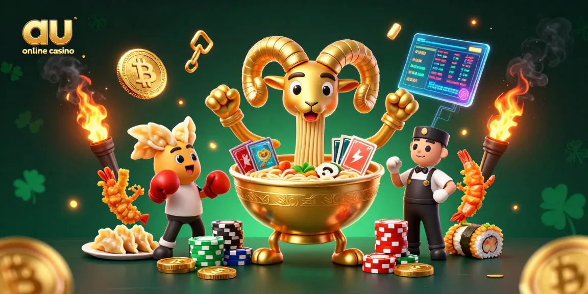 Engage with the vibrant world of au online casino featuring a golden ramen bowl and crypto elements.