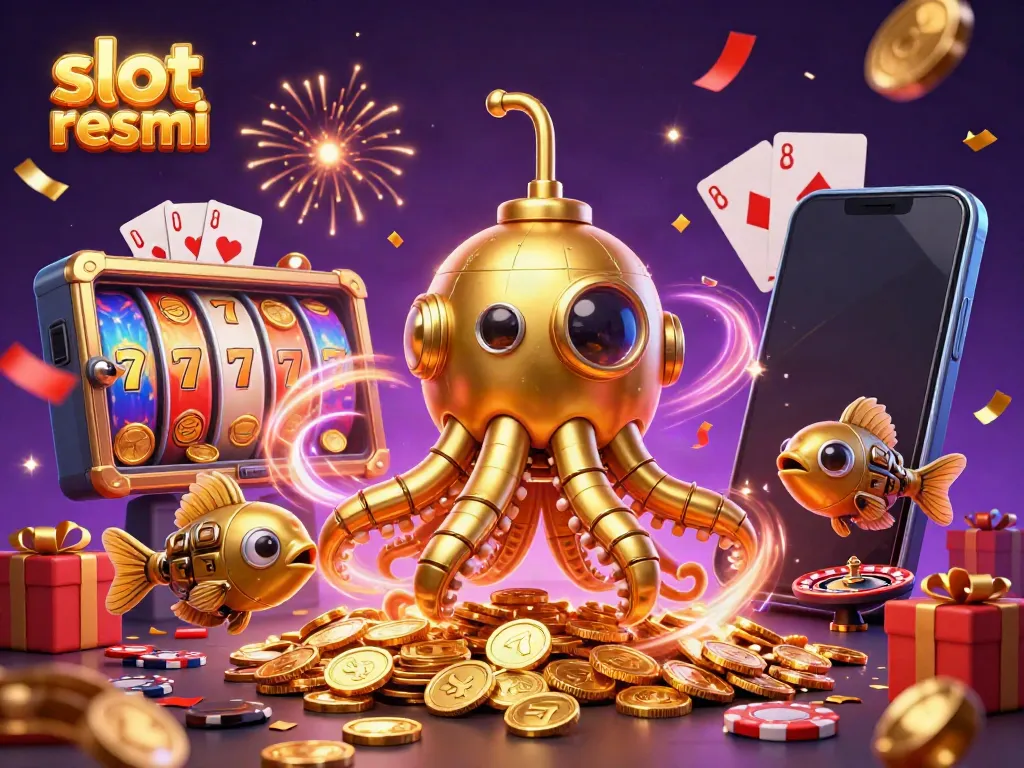 A lively scene of a golden kraken submarine with mechanical fish, featuring the slot resmi brand and vibrant slot game elements.