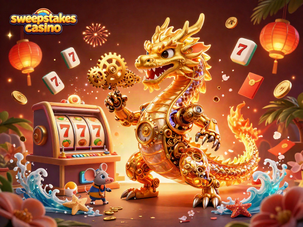 Sweepstakes casino showcasing a golden dragon with slot machine elements and festive decorations.
