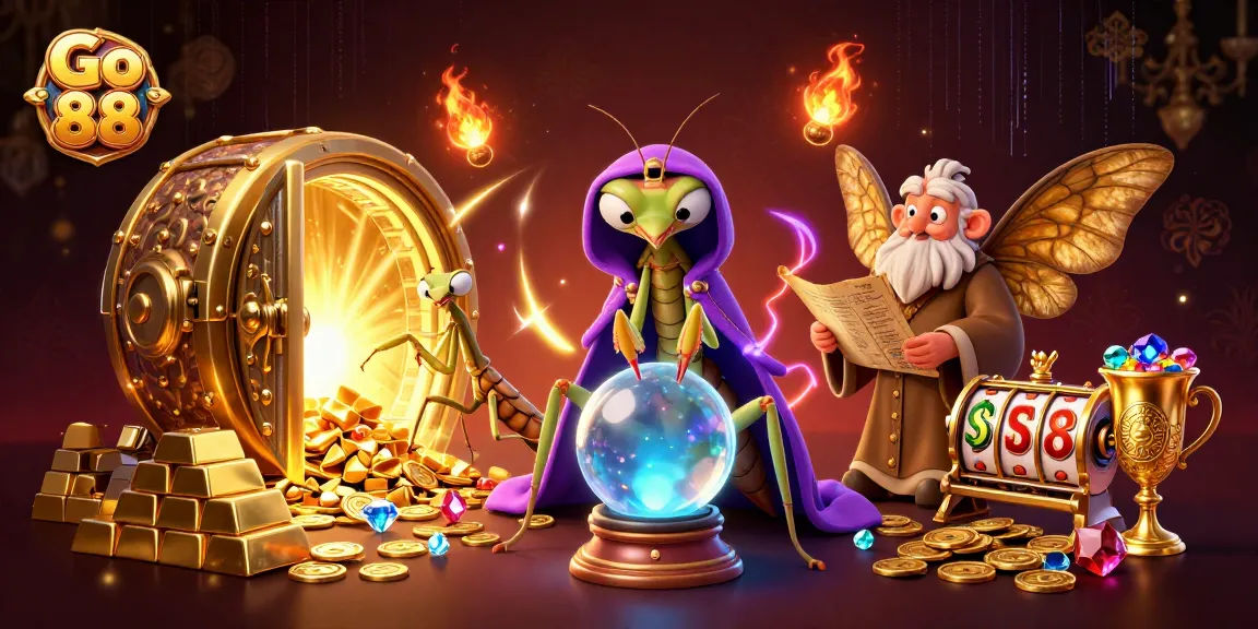 Engage with Go 88 at an exciting casino scene filled with treasures and whimsical characters.