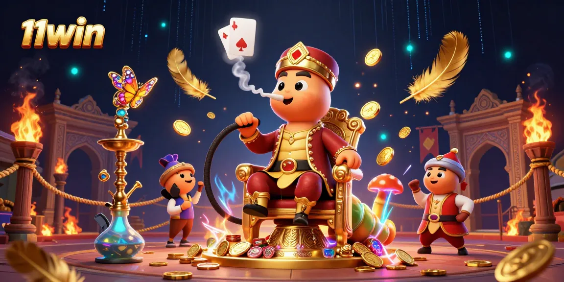 Engage in the thrilling world of 11WIN with a vibrant 3D casino illustration showcasing poker hands and gold.