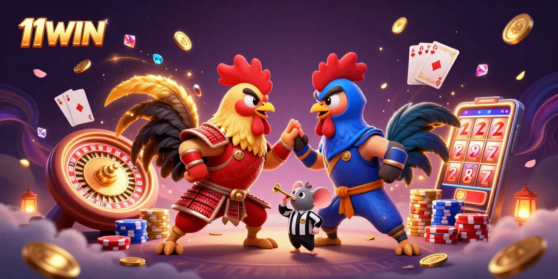 Experience the excitement of 11WIN with dynamic cartoon roosters battling amidst casino riches.