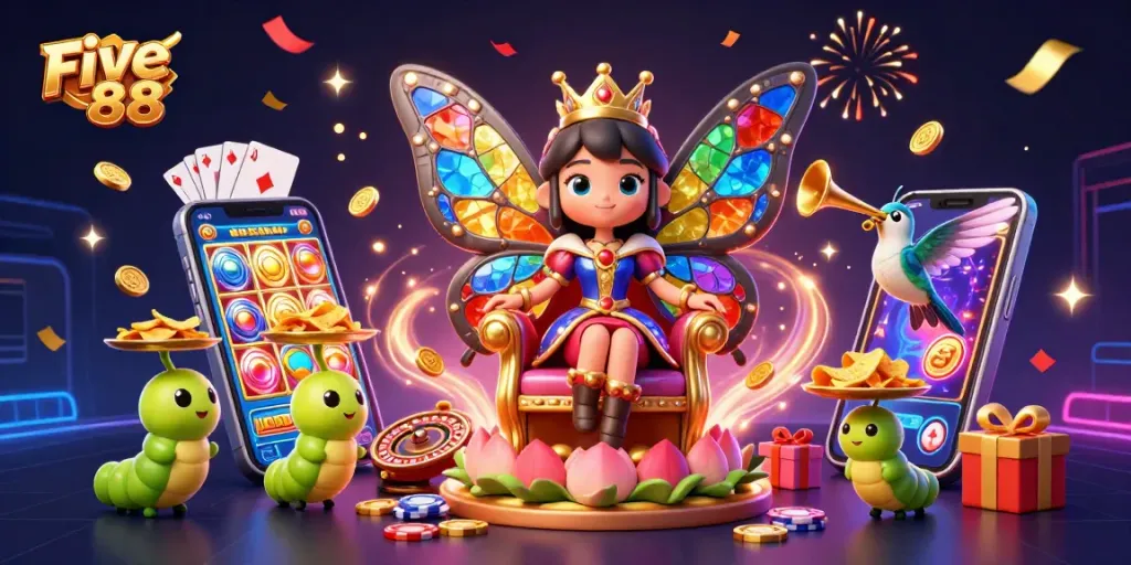 Engage in exciting gaming adventures at Five 88 with dynamic scenes of a butterfly queen surrounded by gaming elements.