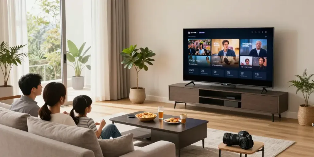 Family enjoying IPTV players in a cozy living room with engaging entertainment.