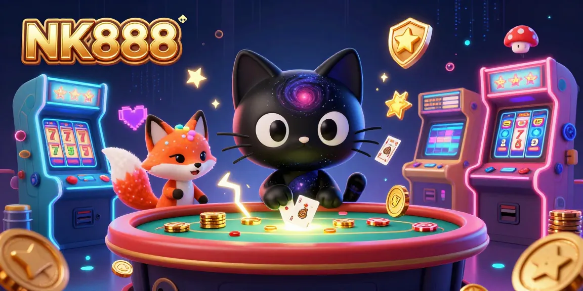 Engage in thrilling gameplay with NK888 at a cosmic casino, featuring vibrant characters and slot elements.