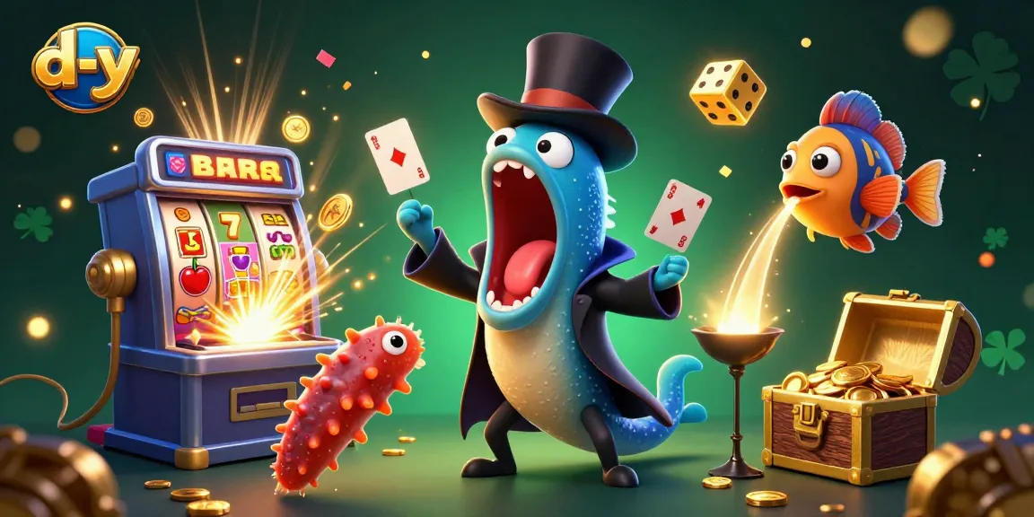 Engage with the d-y casino adventure featuring a bioluminescent eel magician and giant slot machine delights.