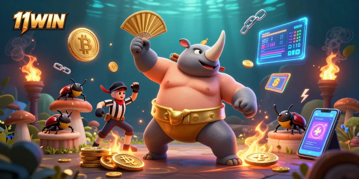 Experience thrilling 11WIN moments with a sumo beetle champion surrounded by cryptocurrency treasures.