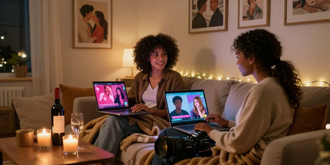 Couple enjoying ai sex chat in cozy living room with intimate lighting.