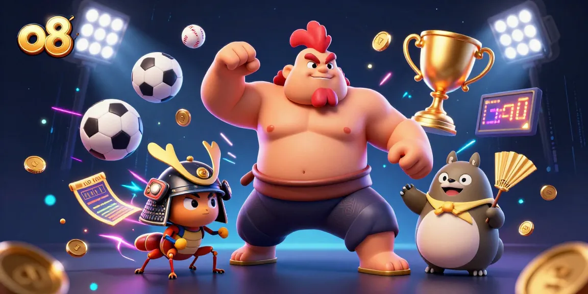 Exciting o8 gaming scene with a powerful sumo rooster and gambling elements in dynamic action.