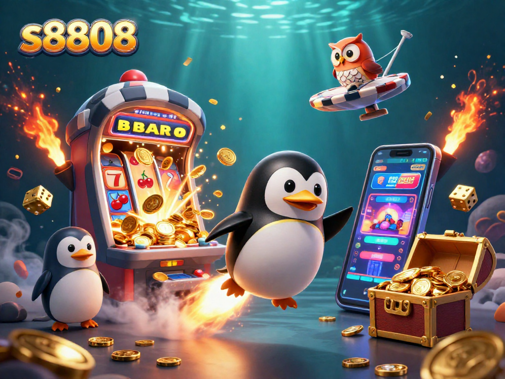 Spin game features and mega wins with s8808 in vivid casino-themed 3D illustration