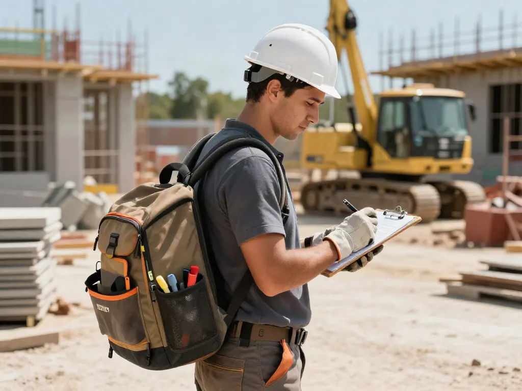 Knipex backpack organized for tools in an active construction environment with a tradesperson.