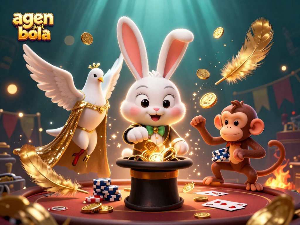 Engage in thrilling agen judi bola action with a cartoon magician rabbit, poker chips, and sparkling effects for excitement.