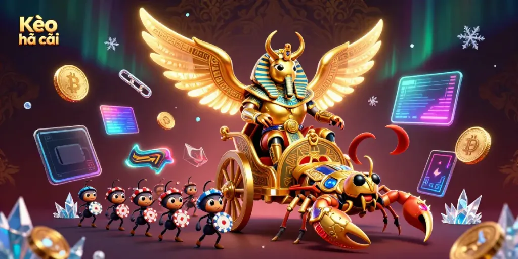 Experience Kèo nhà cái with immersive 3D illustration featuring a golden scarab beetle and poker chips.