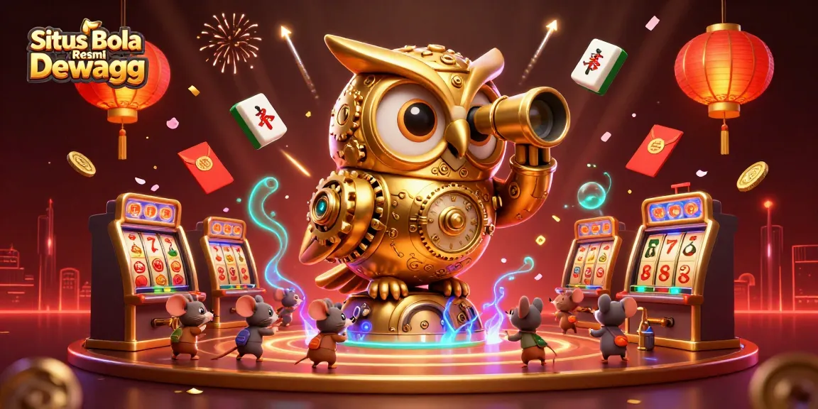 Situs Bola Resmi Dewagg showcases lively gaming action with a clockwork owl, vibrant casino elements, and captivating details.