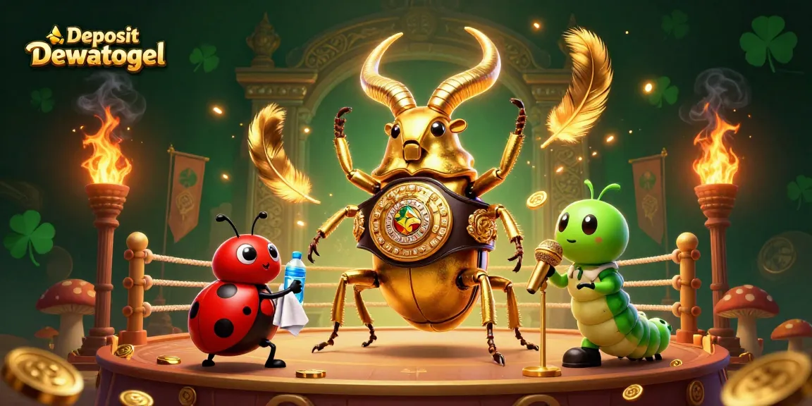 Bet on big wins with Deposit Dewatogel in this dynamic, thrilling illustration of a boxing beetle showdown.