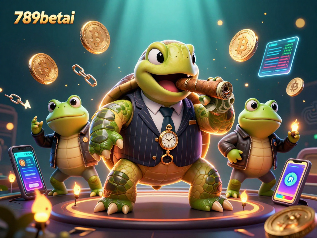 Experience the excitement of 789betai with a vibrant casino scene featuring a turtle and bullfrogs.