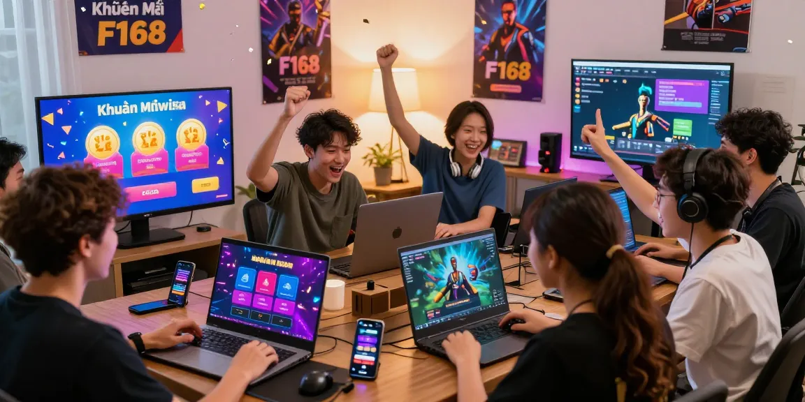 Exciting gaming promotion scene celebrating Khuyến Mãi F168 with friends online.