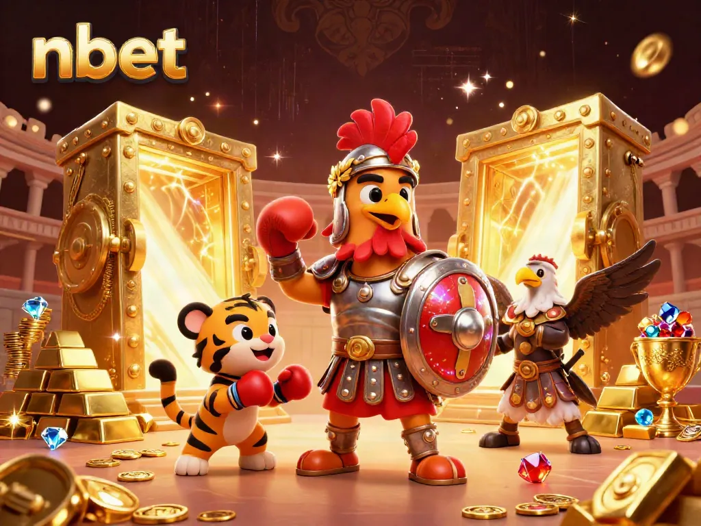 Engage in thrilling nbet casino adventures with a dynamic illustration featuring an epic gladiator rooster and treasures.