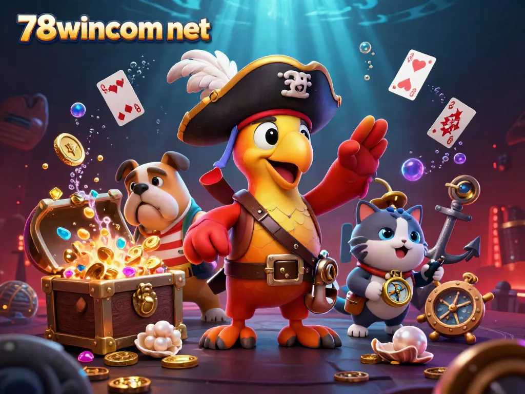Join the adventure with 78wincom net in a vibrant underwater treasure scene with pirate characters and casino elements.