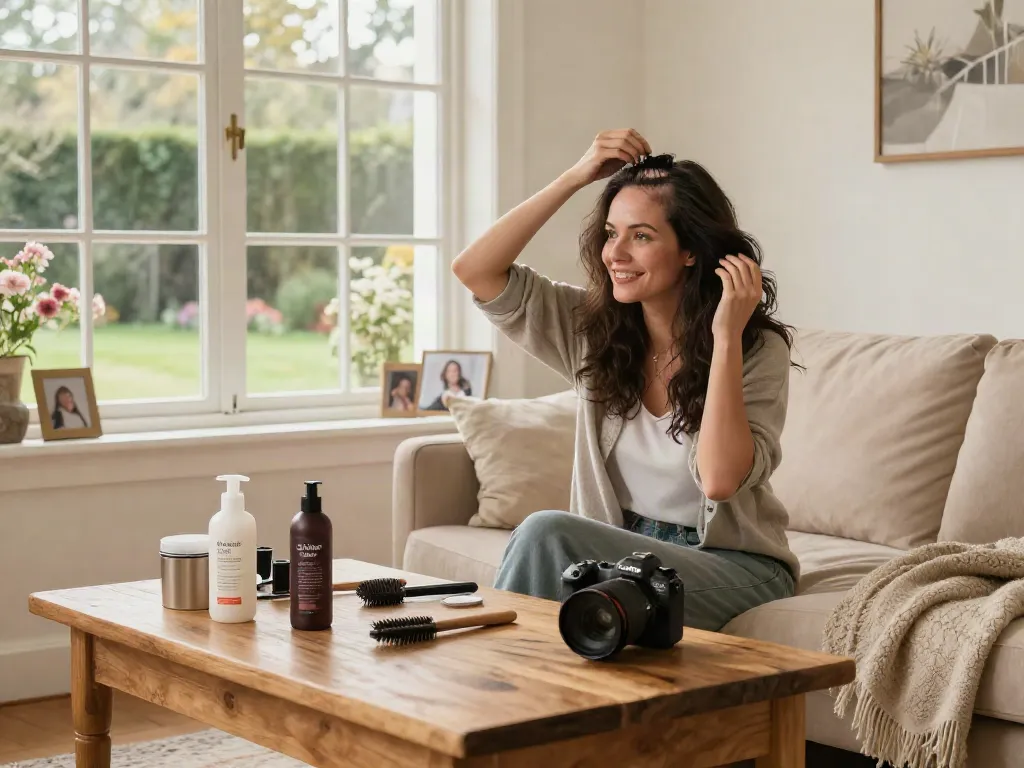 Woman applying a hair topper for thinning hair in a cozy home setting, showcasing confidence and style.