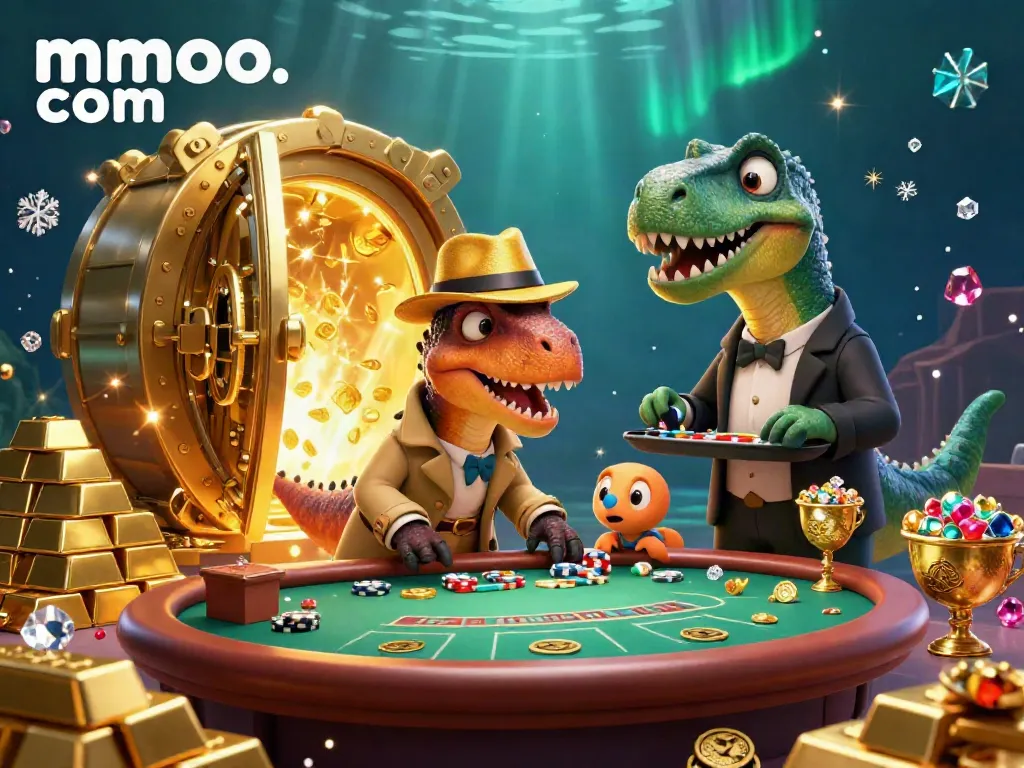 Experience thrilling action at mmoo. com with a lively casino scene featuring colorful dinosaur characters.