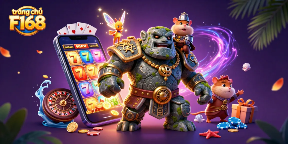 Experience excitement at trang chủ F168 with a vibrant illustration of a magical casino adventure featuring gaming elements.