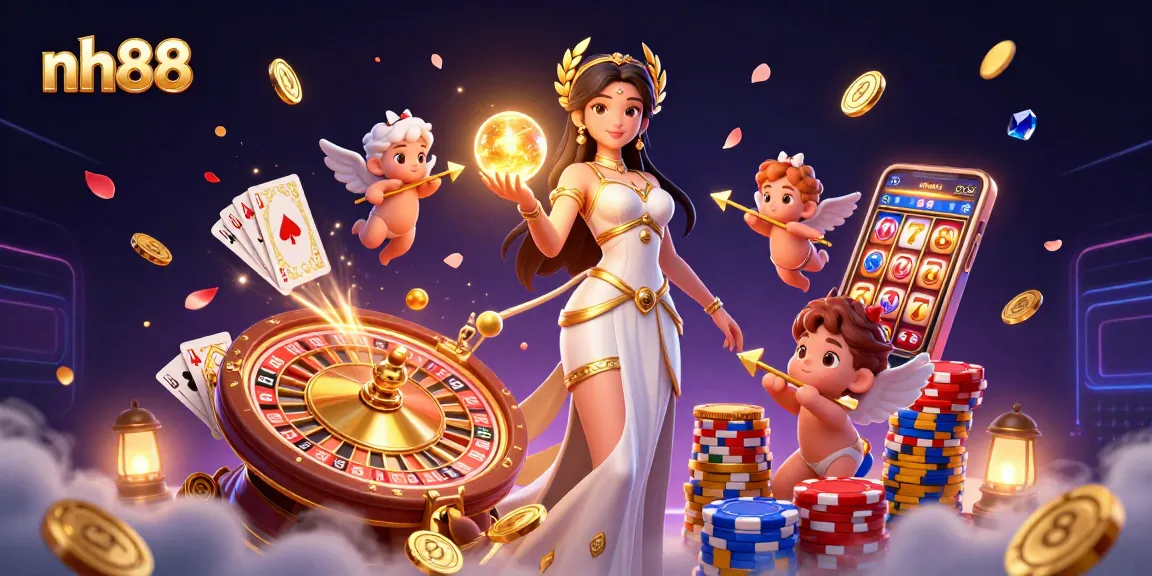 Experience playful wins at nh88 with lively characters amidst vibrant casino elements and golden coins.