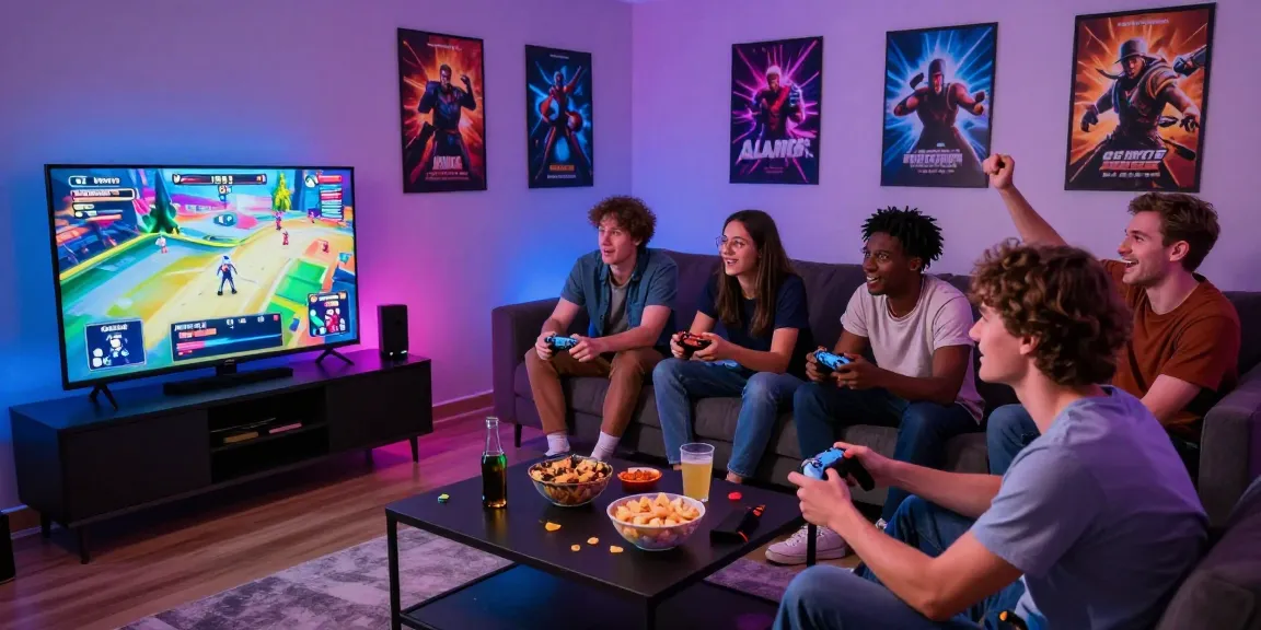Friends enjoying free porn game on gaming console with snacks