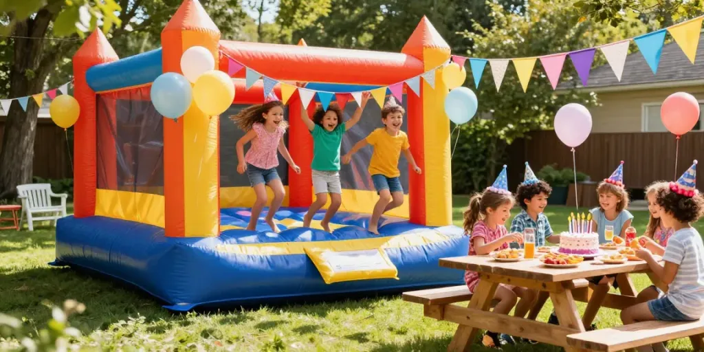 Children enjoying bounce houses at a colorful birthday party in a sunny garden.