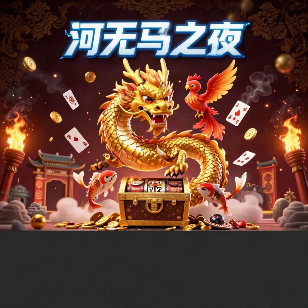 Golden dragon, phoenix, and koi amid treasure, electric blue glow, and casino decor.