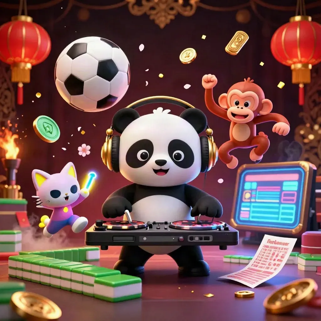 DJ panda, monkey, and glow-stick kitten amid casino sports props and flying gold-lit effects
