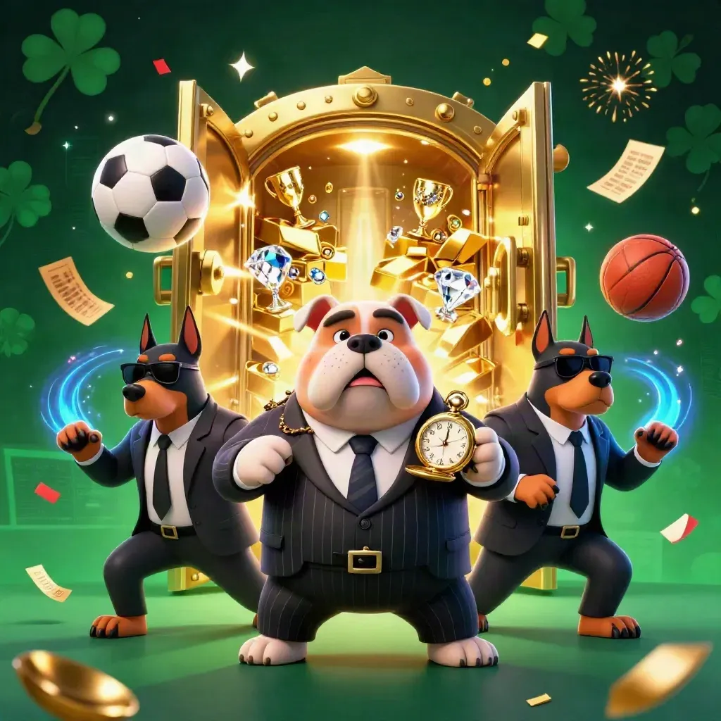 Cartoon bulldog and Dobermans amid a vault blast, gold, balls, confetti, and blue-lime casino glow.