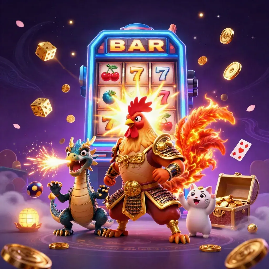 Rooster warrior, dragon hatchling, and fortune cat amid exploding casino treasure