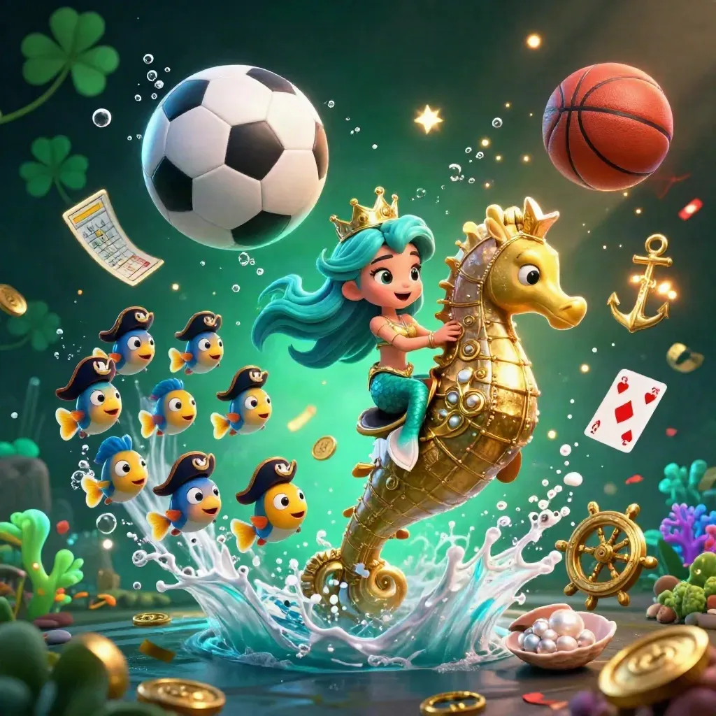 Mermaid princess rides a golden seahorse amid casino-style sports and treasure effects.