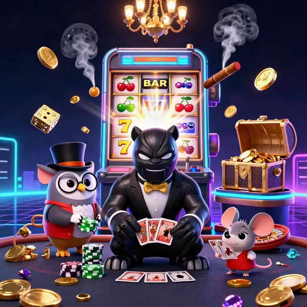 Panther, owl, and mouse at a luxe neon casino table with slot burst, dice, and gold.